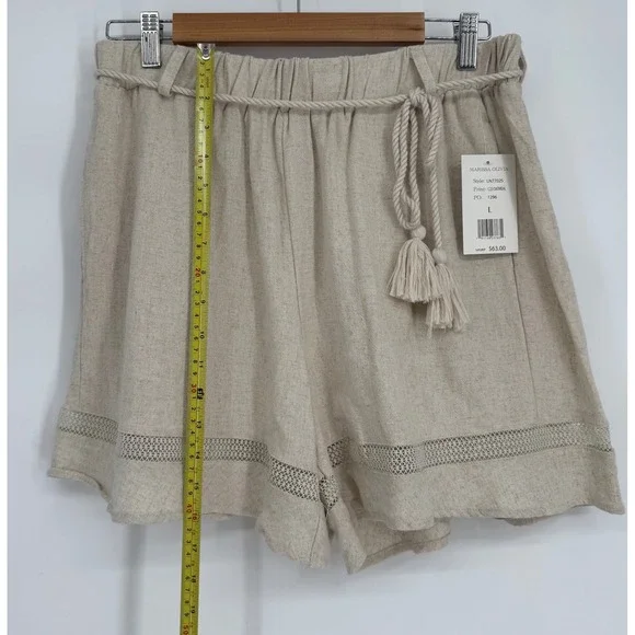 Marissa Olivia Oatmeal Linen Blend Crochet Lace Trim Tassel Shorts Sz L NEW - Picture 2 of 13